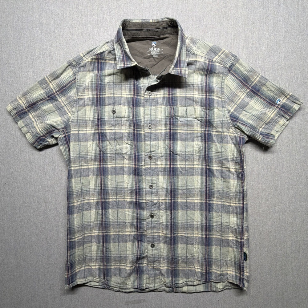 Kuhl Intrepid Skorpio Shirt Mens Medium Blue Plaid‎ Short Sleeve Linen Blend